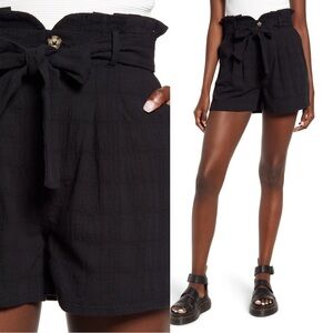 Good Luck Gem • Textured High Paperbag Waist Shorts black tie waist cotton